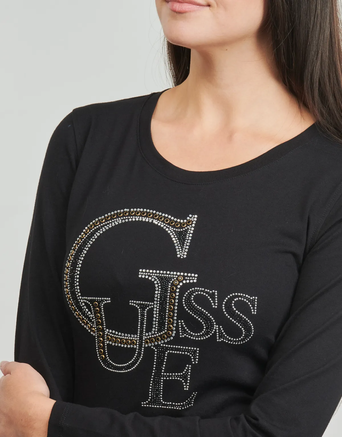 T-shirts & Polos^Guess - LS RN STUDDED LOGO TEE Noir